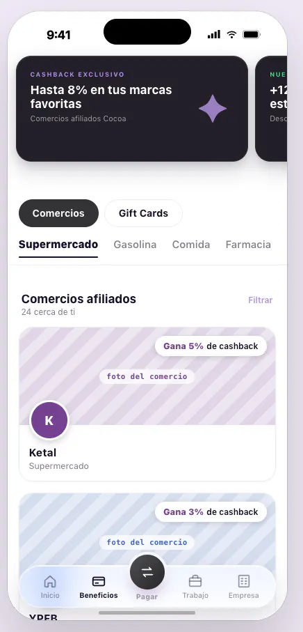 Pantalla de beneficios y comercios de Cocoa Business